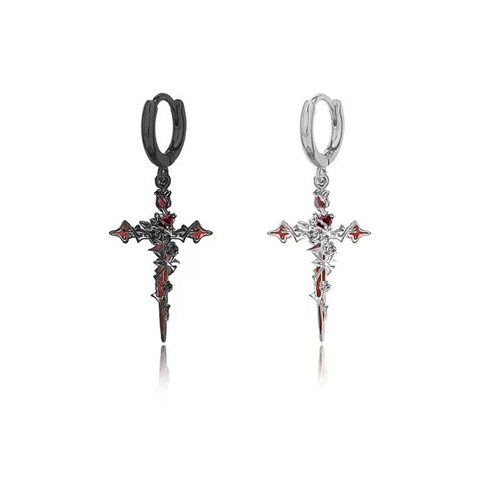 Gothic Fallen Angel Cross Earrings & Necklace Set with Red Heart and Rose – Silver Design