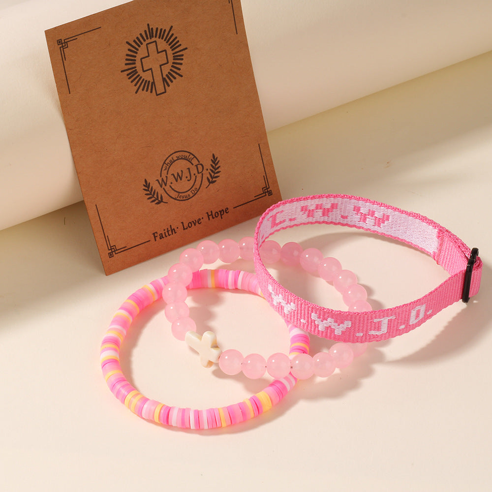 WWJD Series Cross Beaded Webbing Bracelet Set