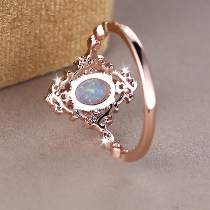 Vintage Court Style Opal Ring - Rose Gold Diamond-Inlaid Opal Band