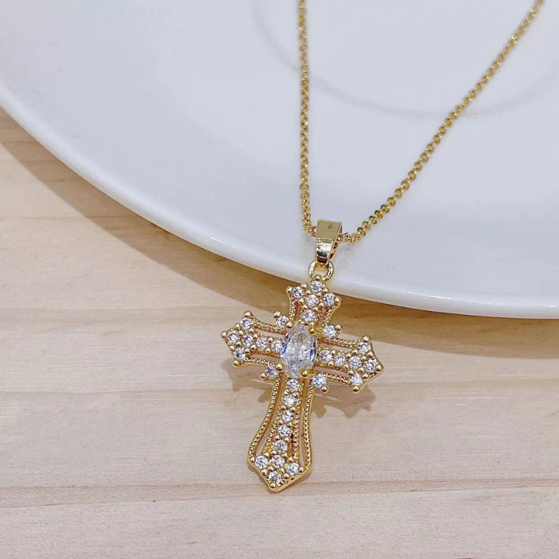 Titanium Steel 14K Gold Plated Colored Diamond Cross Necklace - European and American Luxury Full Diamond Cross Pendant Choker