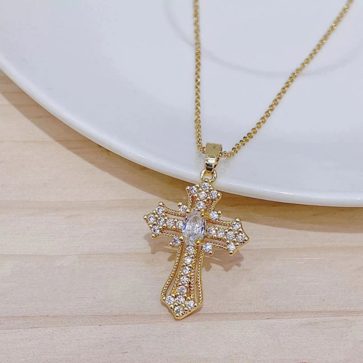 Titanium Steel 14K Gold Plated Colored Diamond Cross Necklace - European and American Luxury Full Diamond Cross Pendant Choker