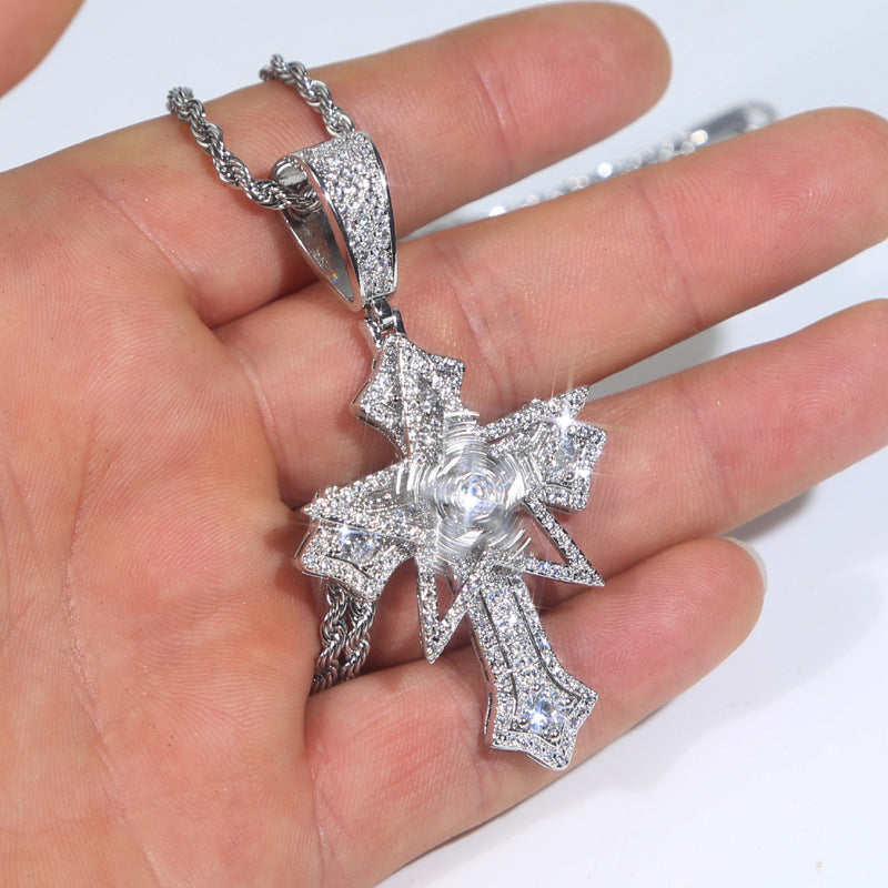 Hip-Hop Rotatable Pentagram Cross Zircon Pendant Necklace