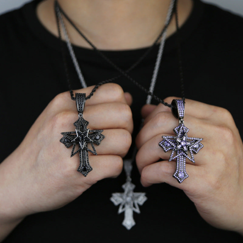 Hip-Hop Rotatable Pentagram Cross Zircon Pendant Necklace