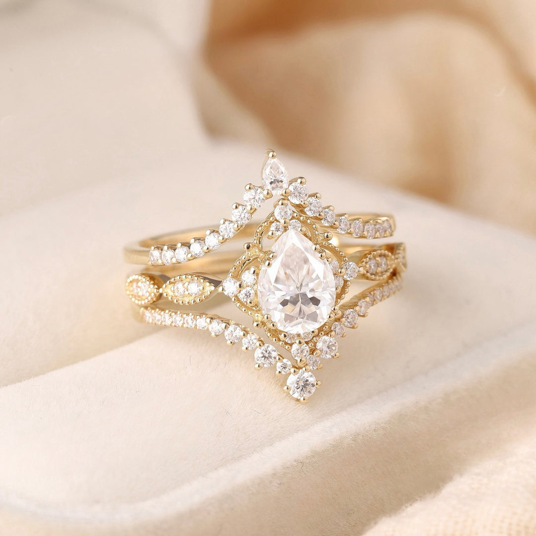 Moon-Star Teardrop Diamond Double Layer Stackable Ring (Dreamy Luxury Vintage Style)
