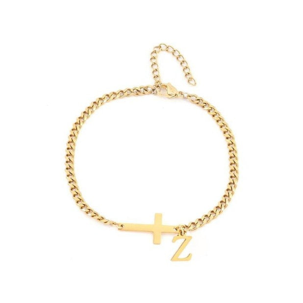 Unisex Stainless Steel 18K Gold Cross & Alphabet Bracelet