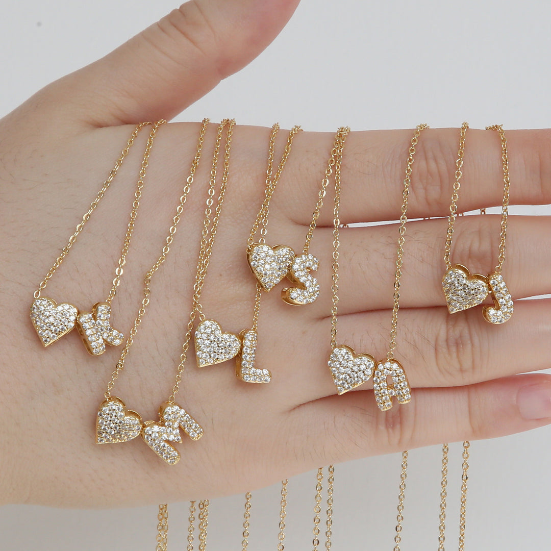 Diamond-Embedded Bubble Heart 26-Letter Name Pendant Necklace