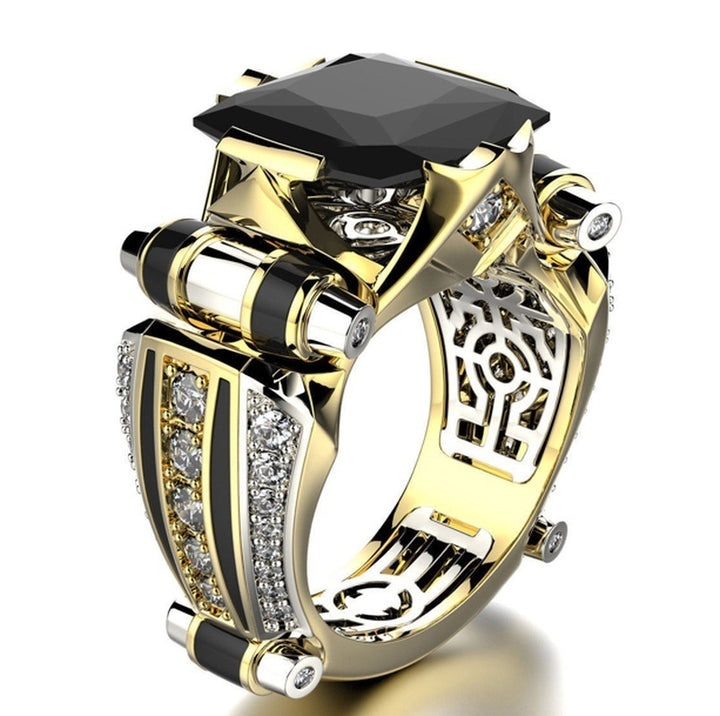 Cyber-Mechanical Style Black-Gold Bicolor Black Gemstone Ring