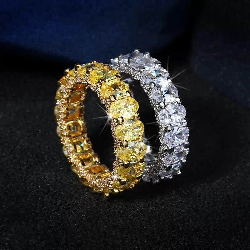 Oval-Cut Full-Diamond Eternity Ring (Yellow/White Diamond Women's Luxury Style)