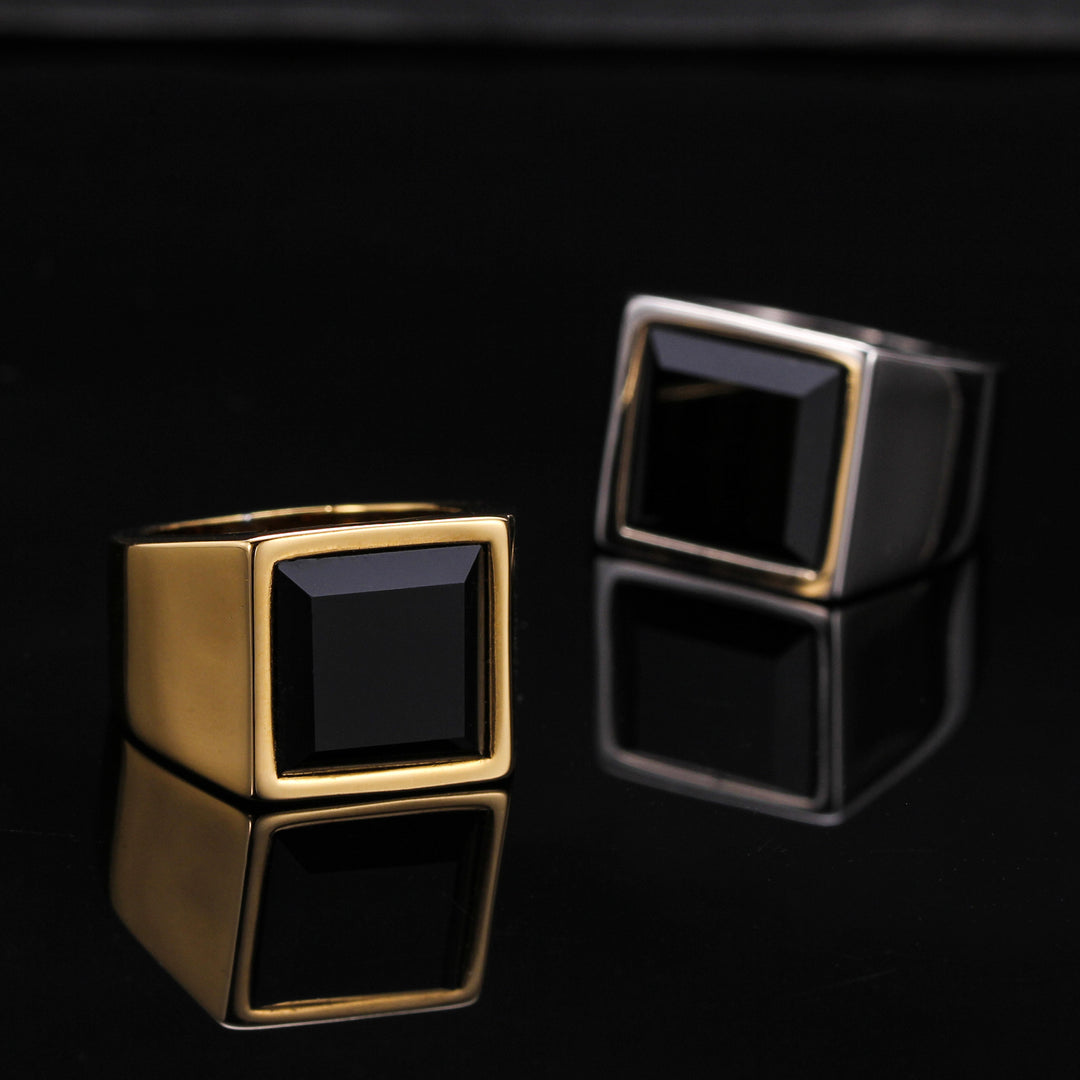 Square Black Diamond Titanium Steel Wide Ring (Gold/Silver Dual-Tone Bold Men's Style)