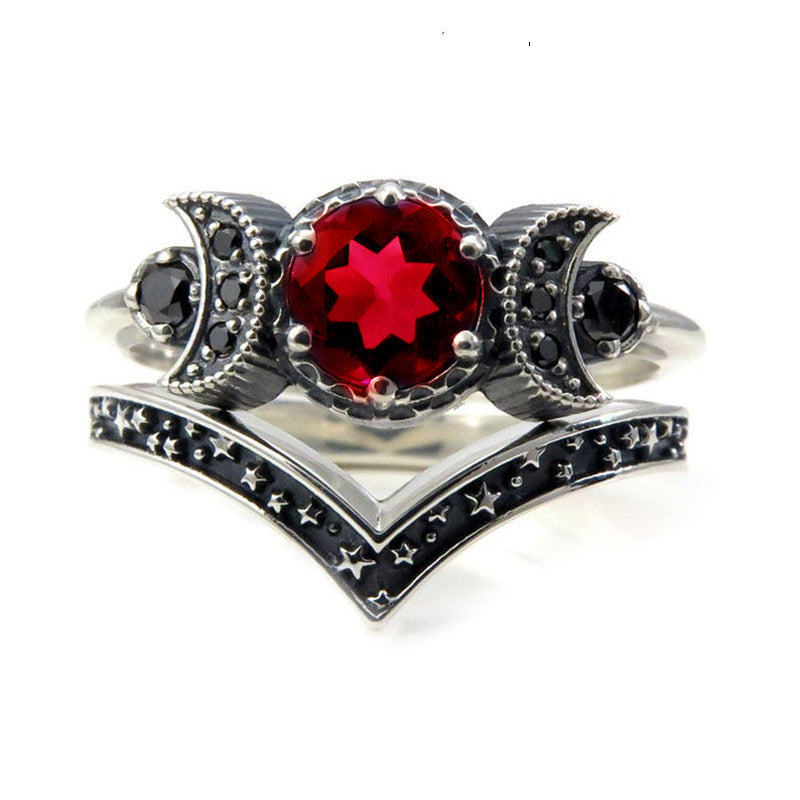 Gothic Moon-Star Double-Layer Ring Set (Dark Mysterious Colored Stone Version)