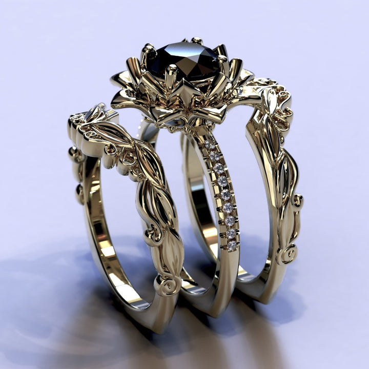 Rose Black Diamond 3-Piece Ring Set