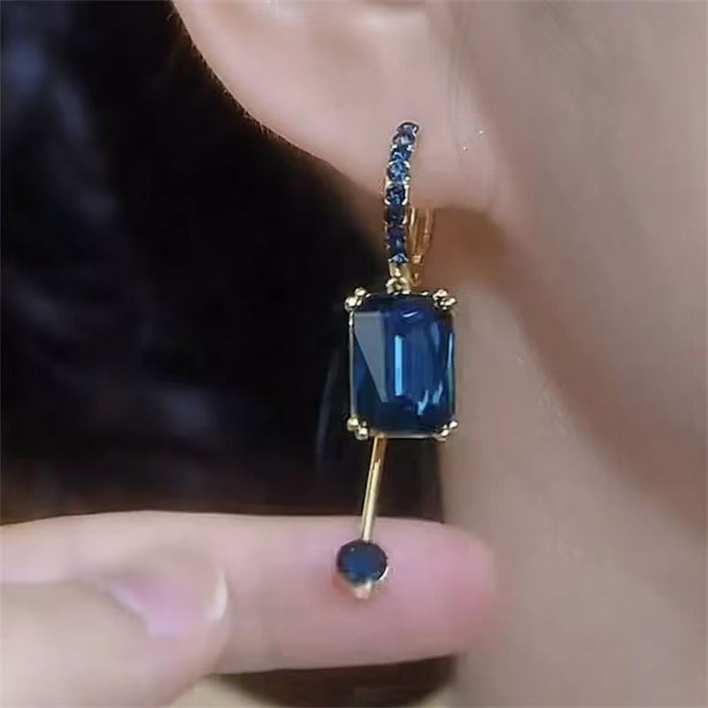 Sterling Silver Plated 18K Gold Geometric Square Colored Diamond Luxury Earrings (High-End Light Luxury Style)
