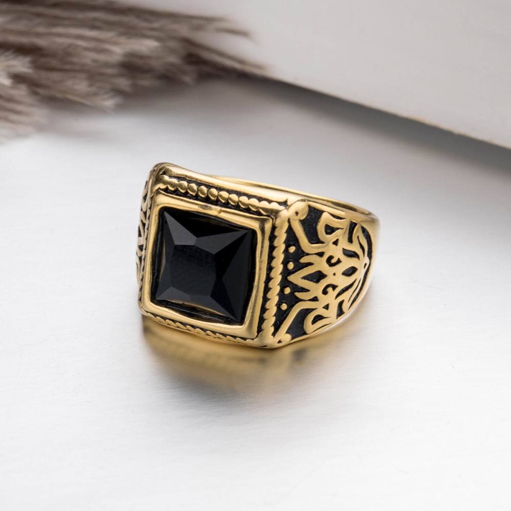 Titanium Steel Plated 18K Gold Carved Black Gem Retro Ring