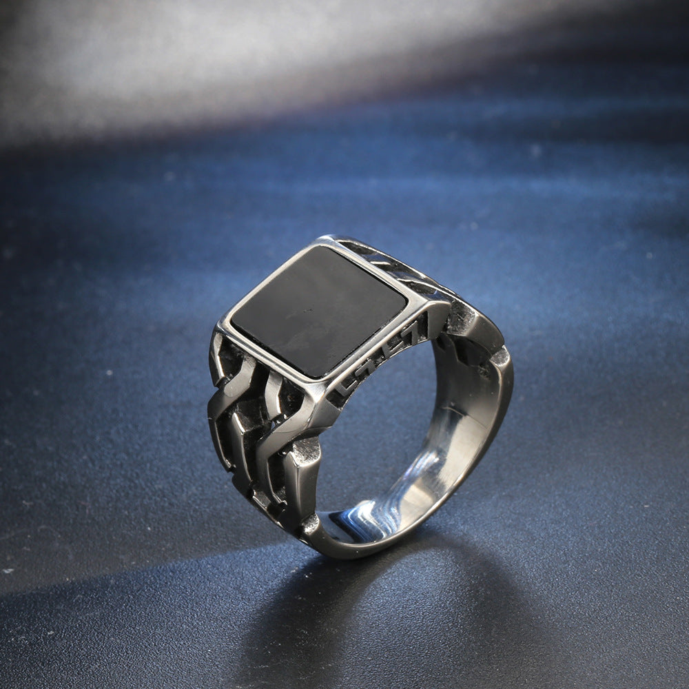 Titanium Steel Hollow Black Face Retro Ring (Industrial Bold Style)