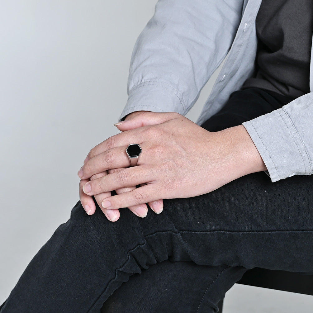 Titanium Steel Geometric Hexagon Seal Black Stone Ring (Minimalist Understated Style)