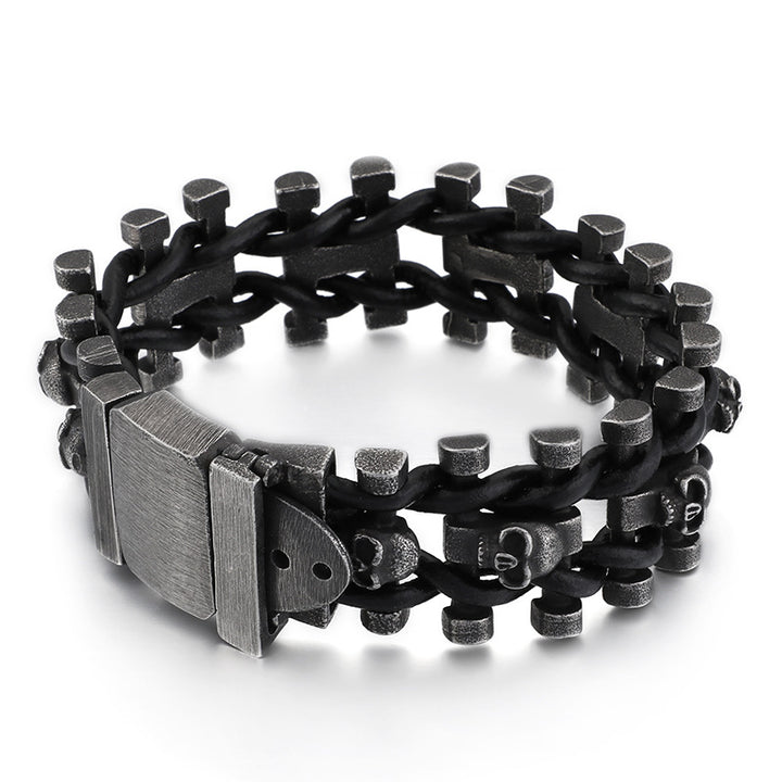 Titanium Steel Skull Braided Double-Layer Bracelet (Dark Punk Style)