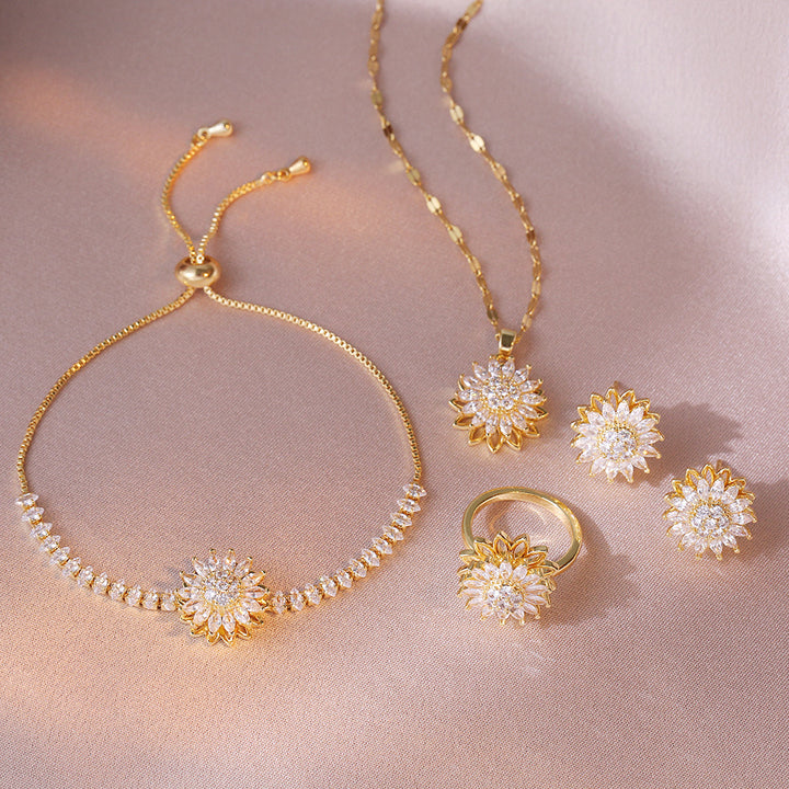 Sunflower Rotatable Jewelry Set with Diamond Inlay