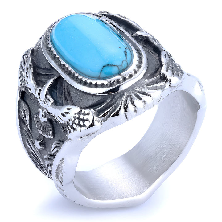 Titanium Steel Turquoise Eagle Carved Ring (Western Retro Style)