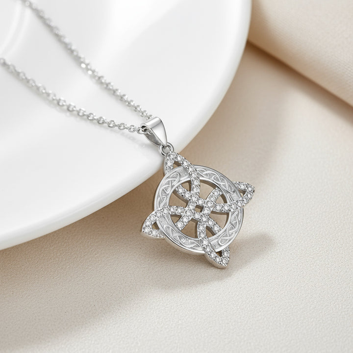 S925 Sterling Silver Diamond-Studded Celtic Four-Leaf Knot Necklace (Light Luxury Ethnic Memorial Style)
