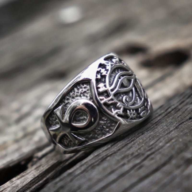 Titanium Steel Eye of Horus Occult Symbol Ring (Dark Mystical Style)