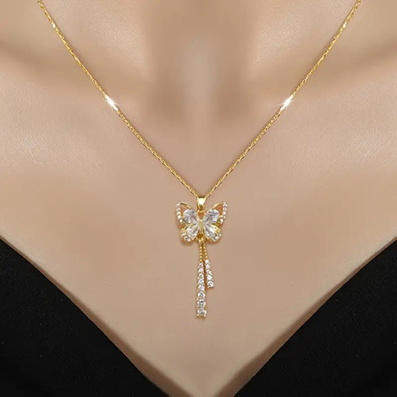Lively Butterfly Tassel Diamond-Inlay Necklace (Light Luxury Fairy Style Series)