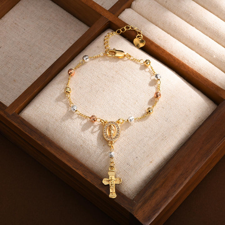Oval Virgin Mary & Cross Beaded Bracelet