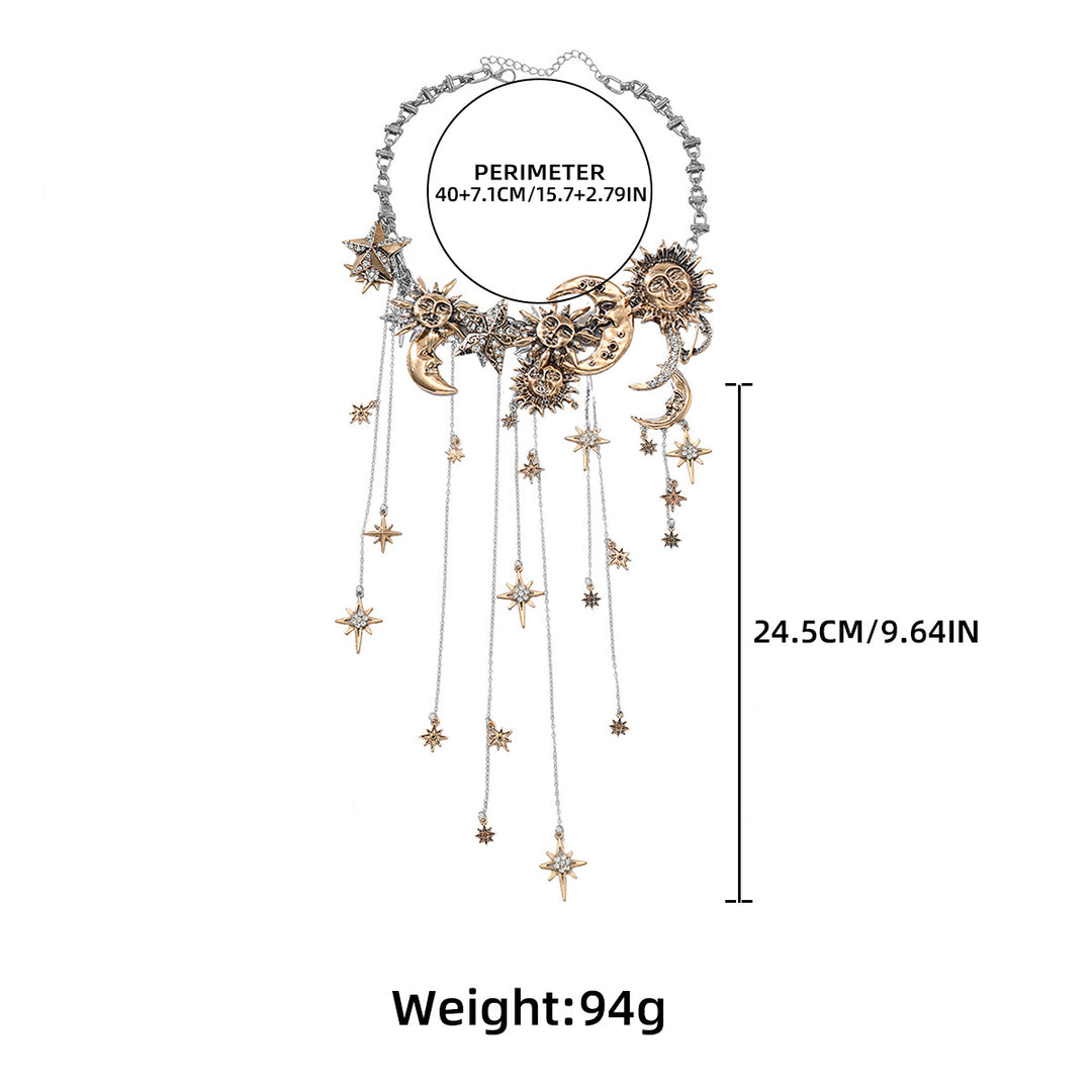 Sun-Moon-Star Gold-Silver Color-Block Tassel Necklace (Cosmic Romantic Style Series)
