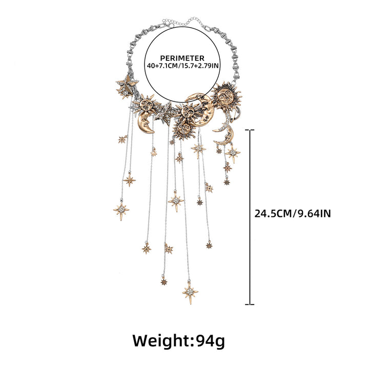 Sun-Moon-Star Gold-Silver Color-Block Tassel Necklace (Cosmic Romantic Style Series)