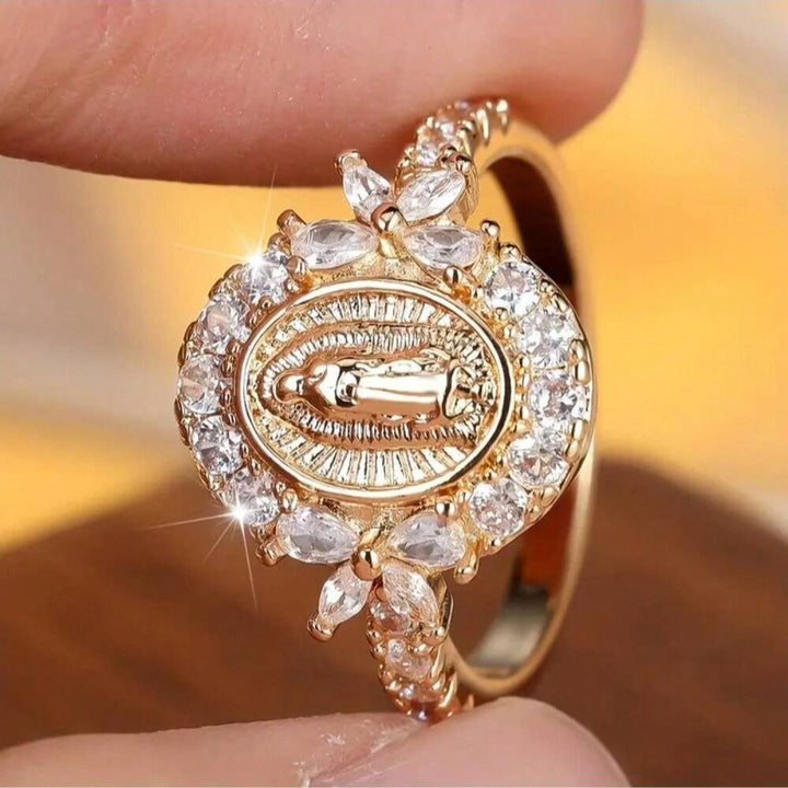 Guadalupe Virgin Relief Full-Diamond Gold-Plated Ring (Religious Light Luxury Style Series)