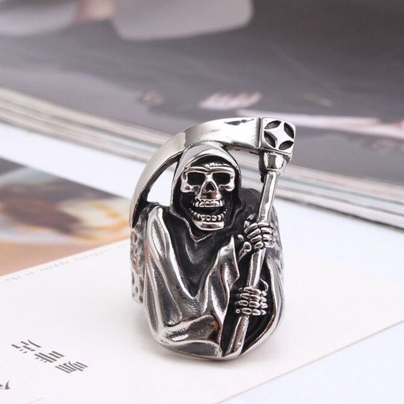 Grim Reaper Skull Ring with Scythe (Gothic Dark · Biker Style)