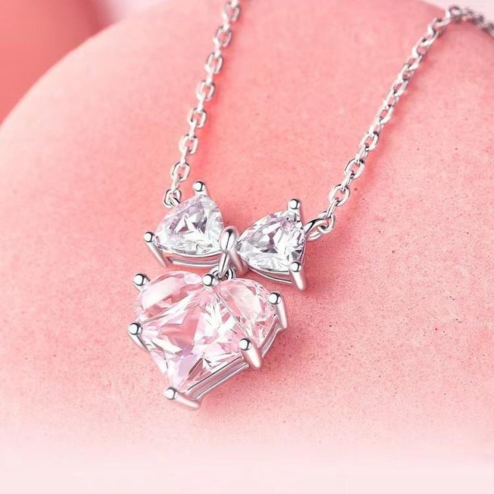 Bowknot Pink Heart Diamond Necklace (Women's Sweet Vitality Luxury Style)