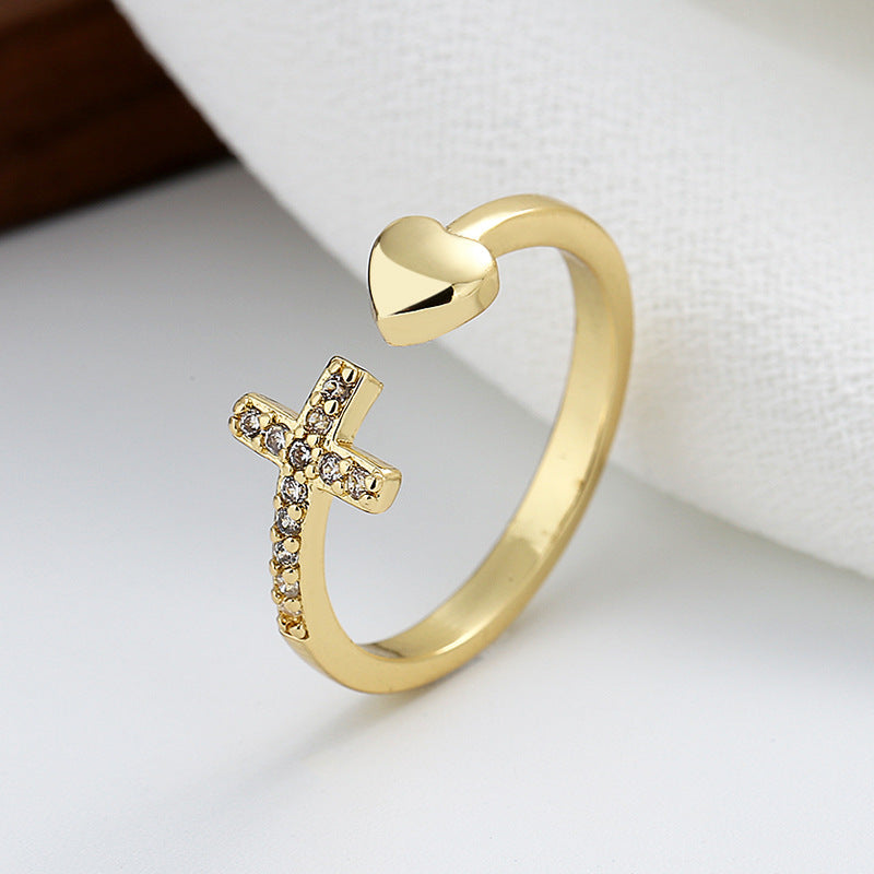 Jesus Cross Heart Open Ring for Women – Minimalist Diamond Faith Ring