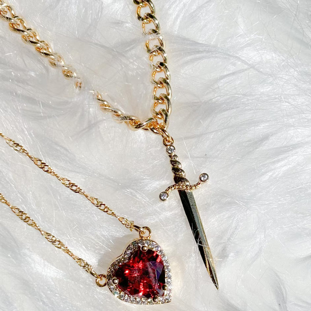 Sword & Heart Layered Necklace (Personalized Sweet-Cool Luxury Style)
