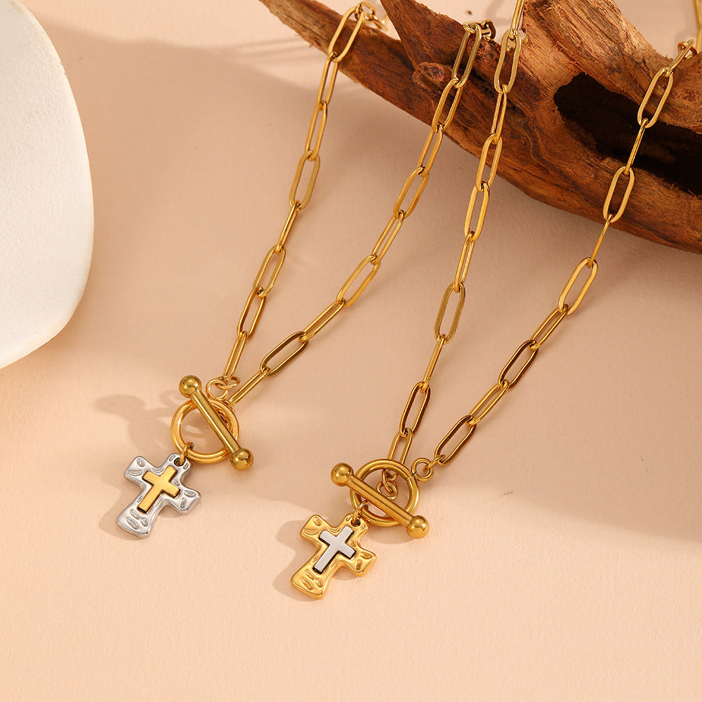 Cross Pendant Paperclip Chain Necklace – Luxury Faith-Inspired Two-Tone Jewelry