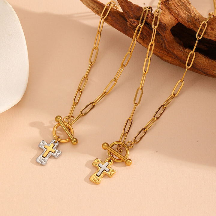 Cross Pendant Paperclip Chain Necklace – Luxury Faith-Inspired Two-Tone Jewelry