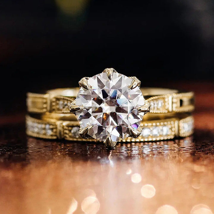 8-Prong Center Diamond Full Pave Double Layer Stackable Ring (Gold Luxury Glamorous Style)