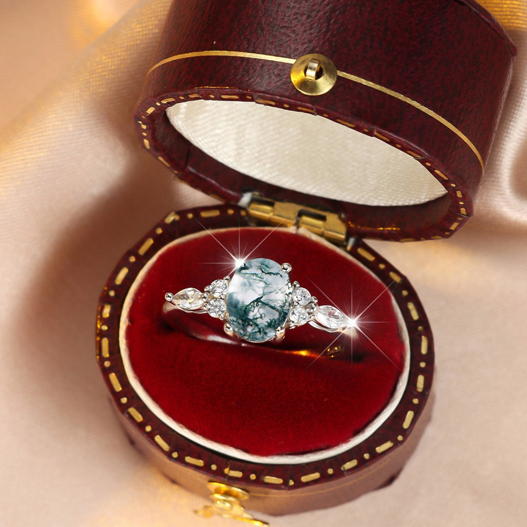 Rose Gold Moss Agate Oval Ring (Forest-Style Luxury Niche Style)