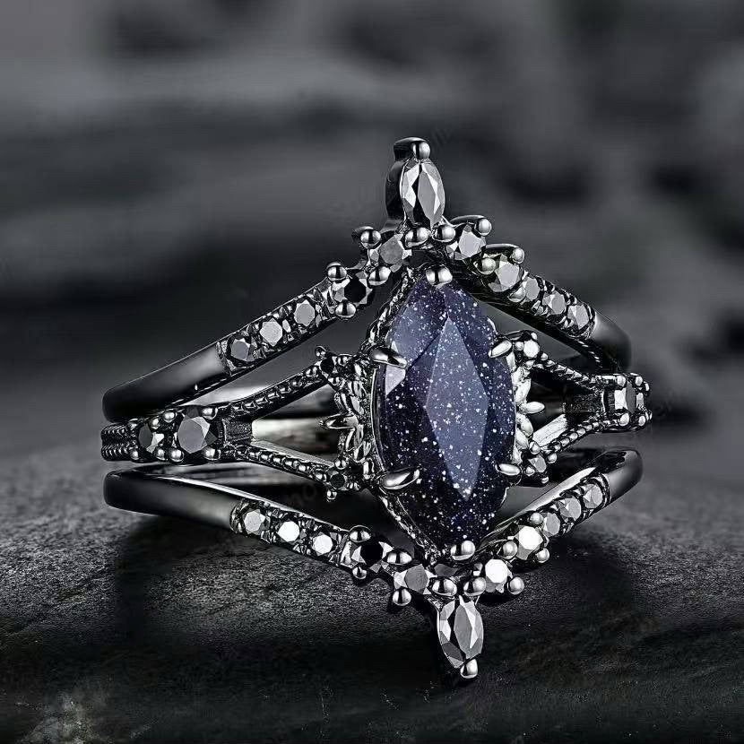 Black Gold Colored Diamond Triple Layer Stackable Ring (Dark Luxury Glamorous Style)