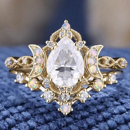 Moon-Star Teardrop Diamond Double Layer Stackable Ring (Dreamy Luxury Vintage Style)
