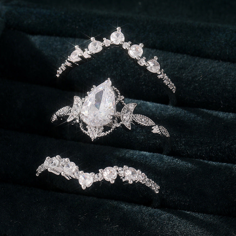 Moon-Star Teardrop Diamond Double Layer Stackable Ring (Dreamy Luxury Vintage Style)