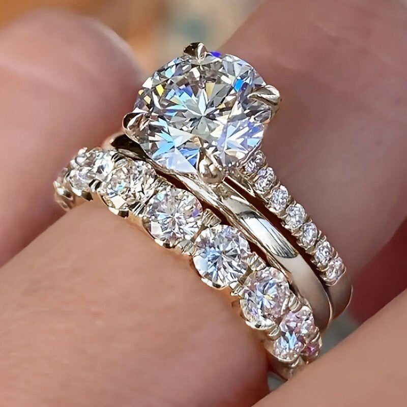 Gold Center Diamond Full Pave Triple Layer Stackable Ring (Luxury Glamorous Ritual Style)