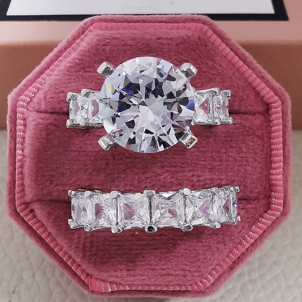 Silver Base Round Diamond + Baguette Diamond Double Layer Stackable Ring (Luxury Glamorous Ritual Style)