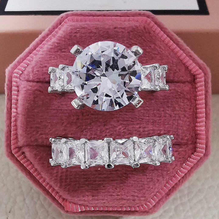 Silver Base Round Diamond + Baguette Diamond Double Layer Stackable Ring (Luxury Glamorous Ritual Style)