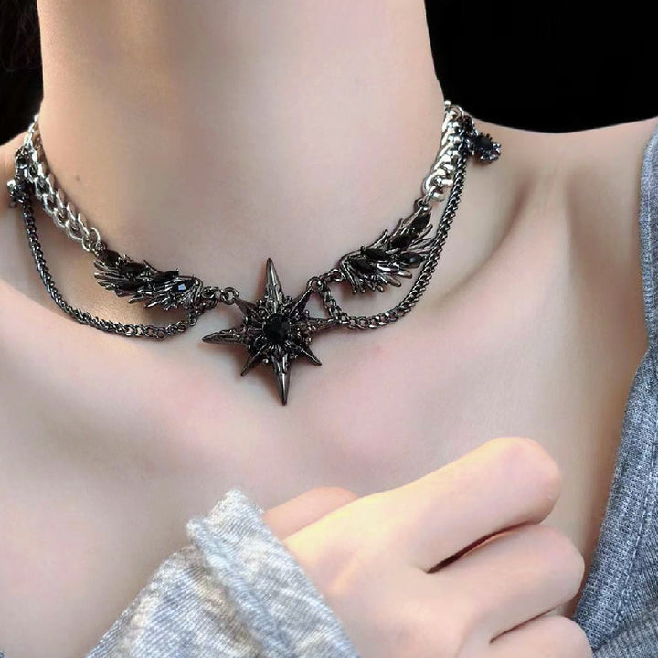Black Diamond Starburst Wing Double Layer Chain Necklace (Dark Luxury Niche Style)