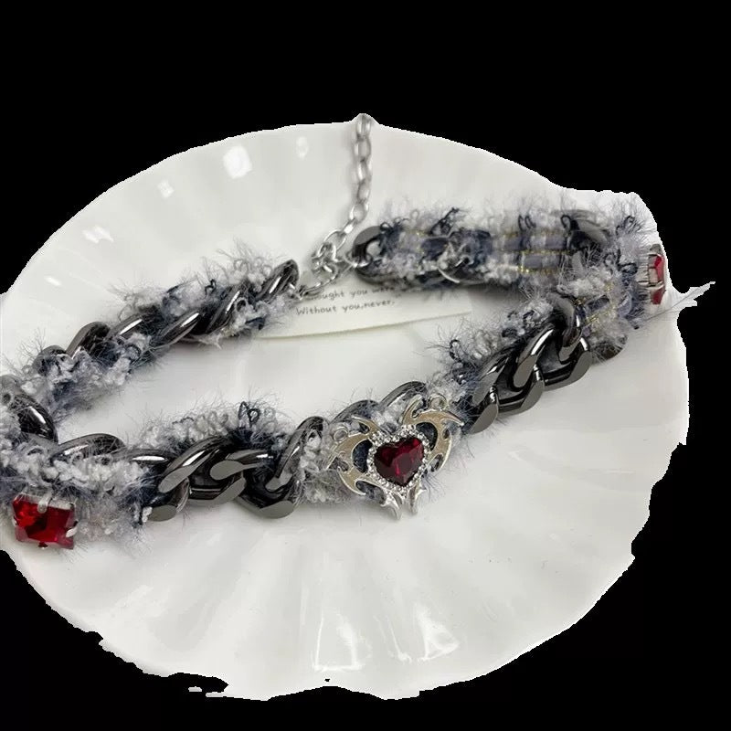 Red Diamond Heart Fur Chain Choker (Dark Sweet-Cool Hot Girl Style)