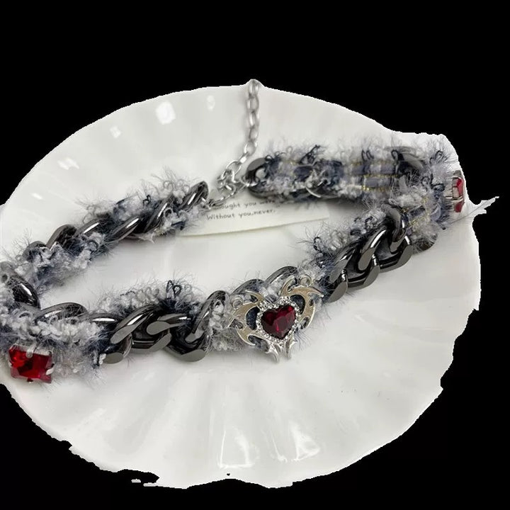 Red Diamond Heart Fur Chain Choker (Dark Sweet-Cool Hot Girl Style)