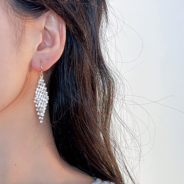 Gold Base Full Diamond Feather Tassel Earrings (Luxury Elegant Banquet Style)
