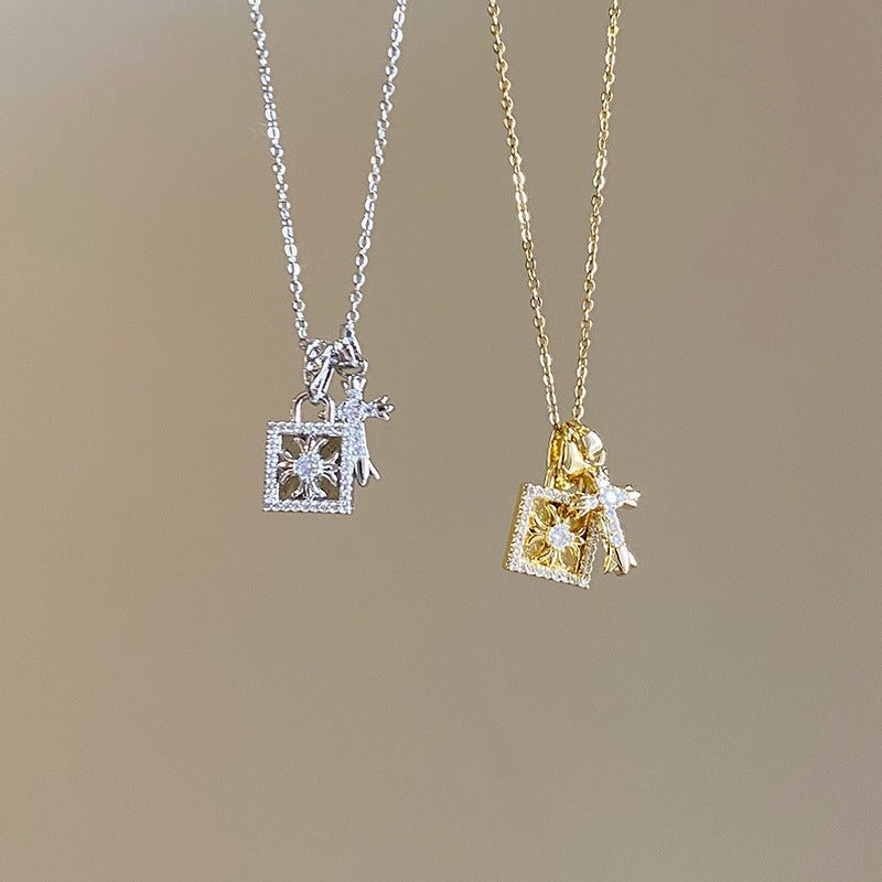 Full Diamond Lock + Cross Double Pendant Necklace (Cool Luxury Personalized Style)