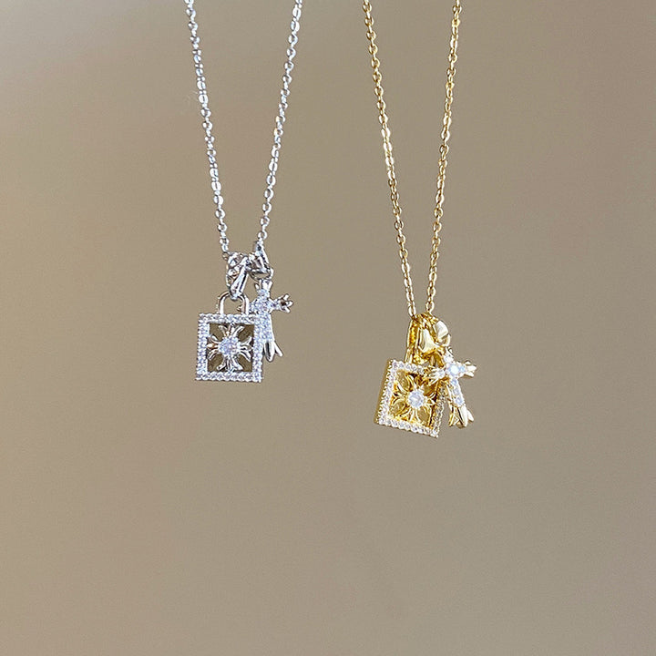 Full Diamond Lock + Cross Double Pendant Necklace (Cool Luxury Personalized Style)