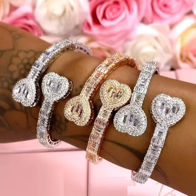 Luxury Hip-Hop Heart Full Diamond Open Bangle